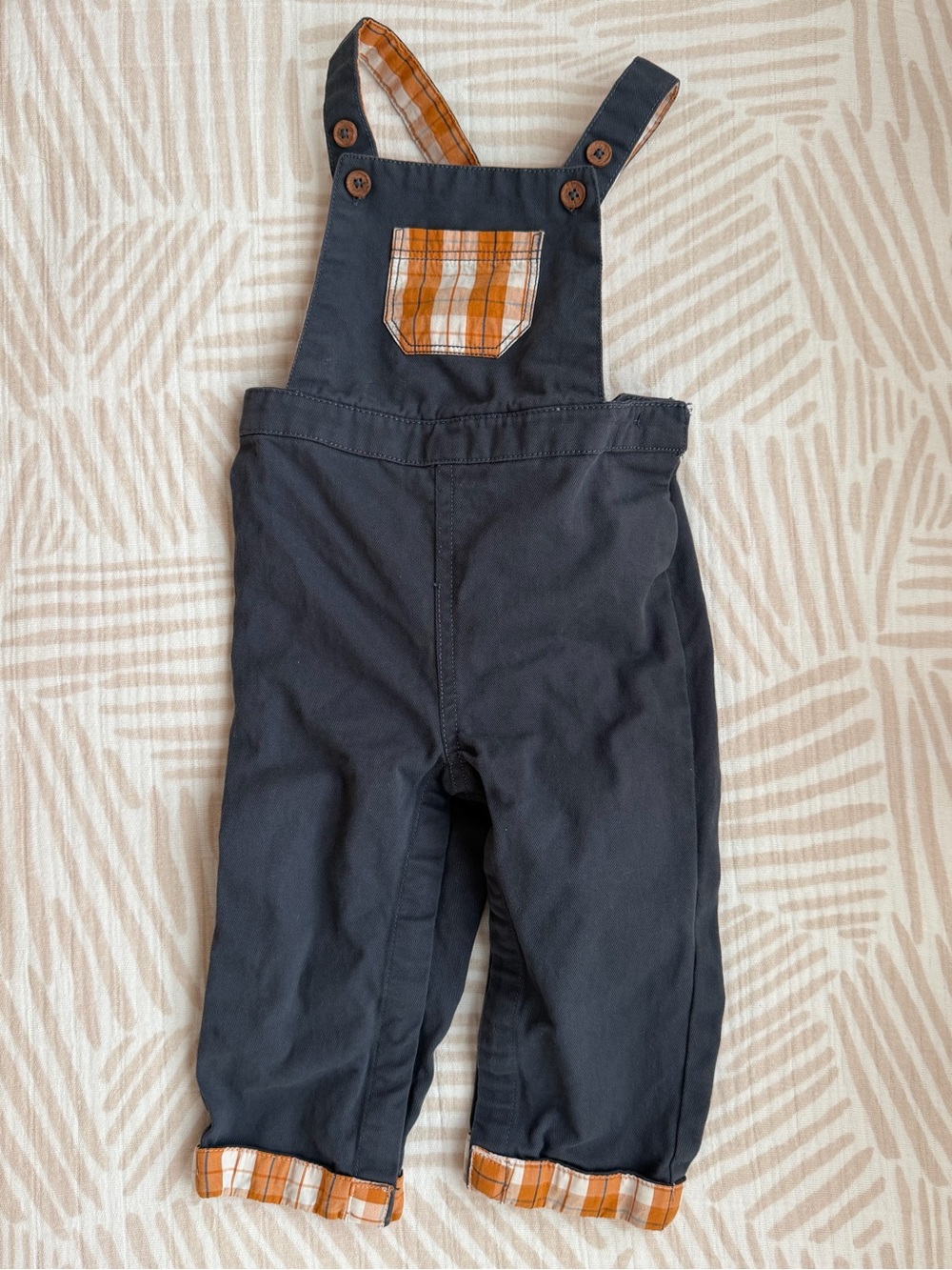Tommy Bahama Navy Overalls with Orange Plaid Accents - Picture 1 of 3